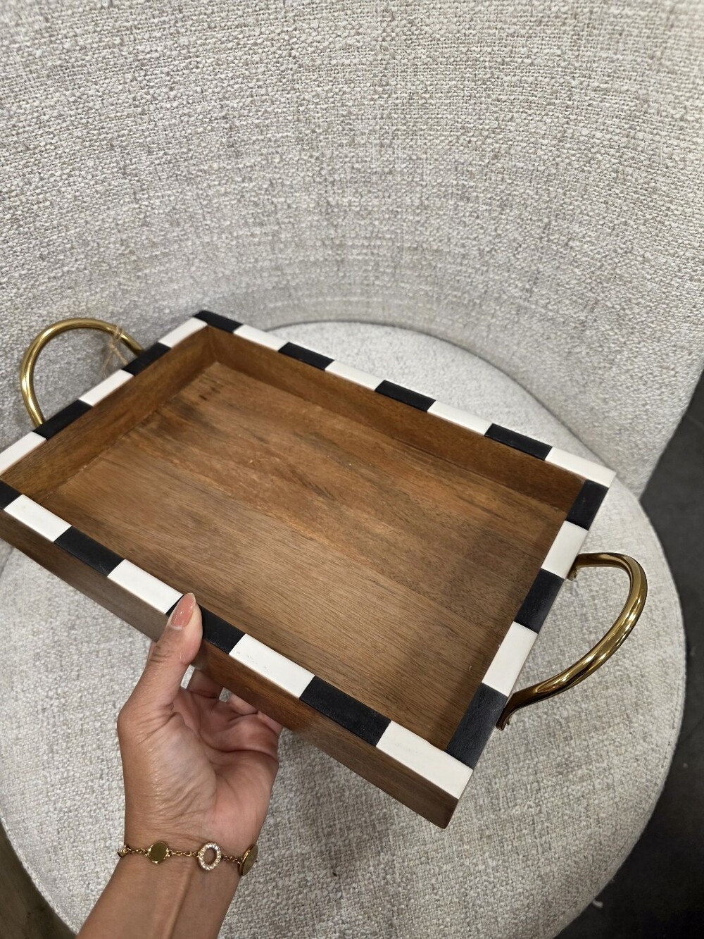 Wood Serving Tray with Black and White Inlay and Gold Handles